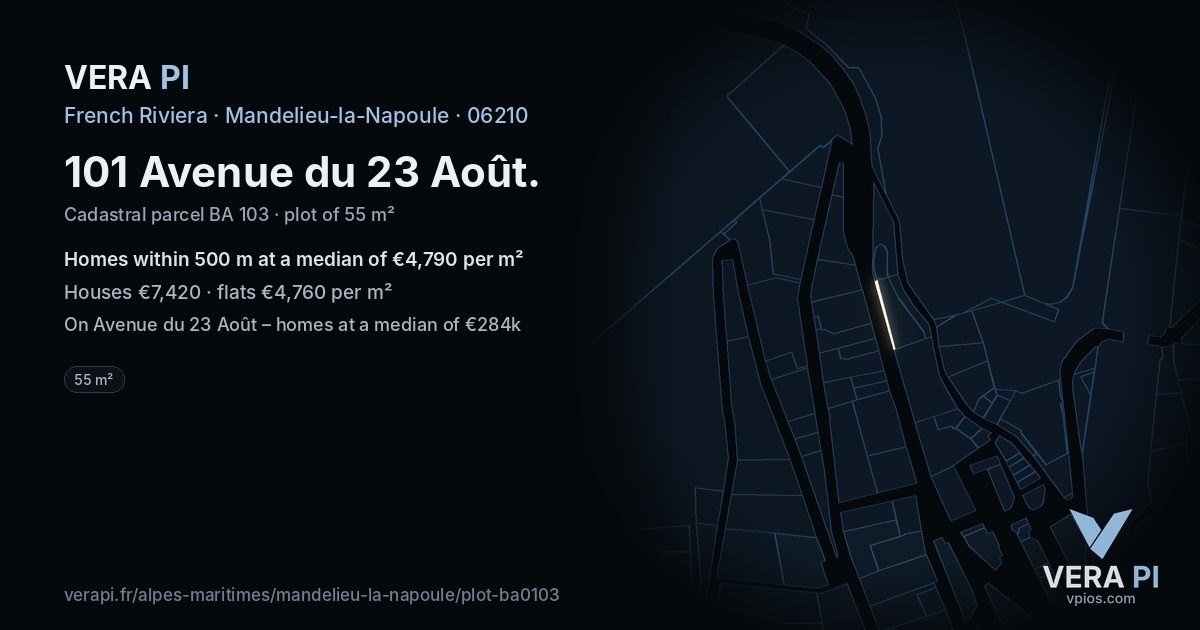 101 Avenue du 23 Août, Mandelieu-la-Napoule at night – the plot lit, the parcels around coloured by the prices near them