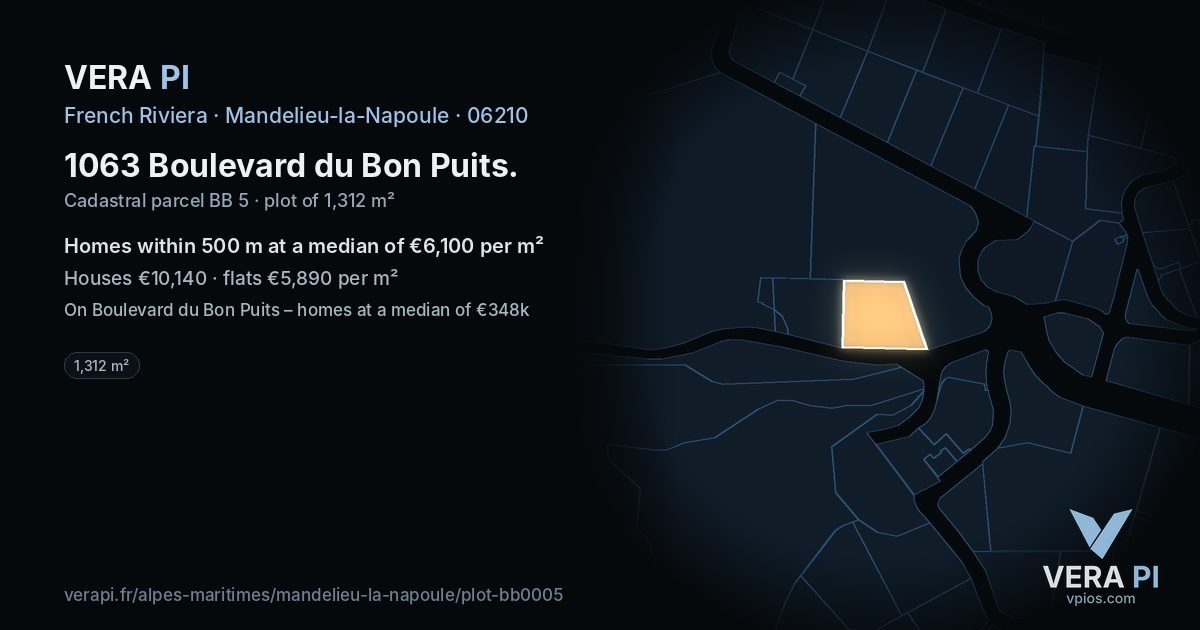 1063 Boulevard du Bon Puits, Mandelieu-la-Napoule at night – the plot lit, the parcels around coloured by the prices near them