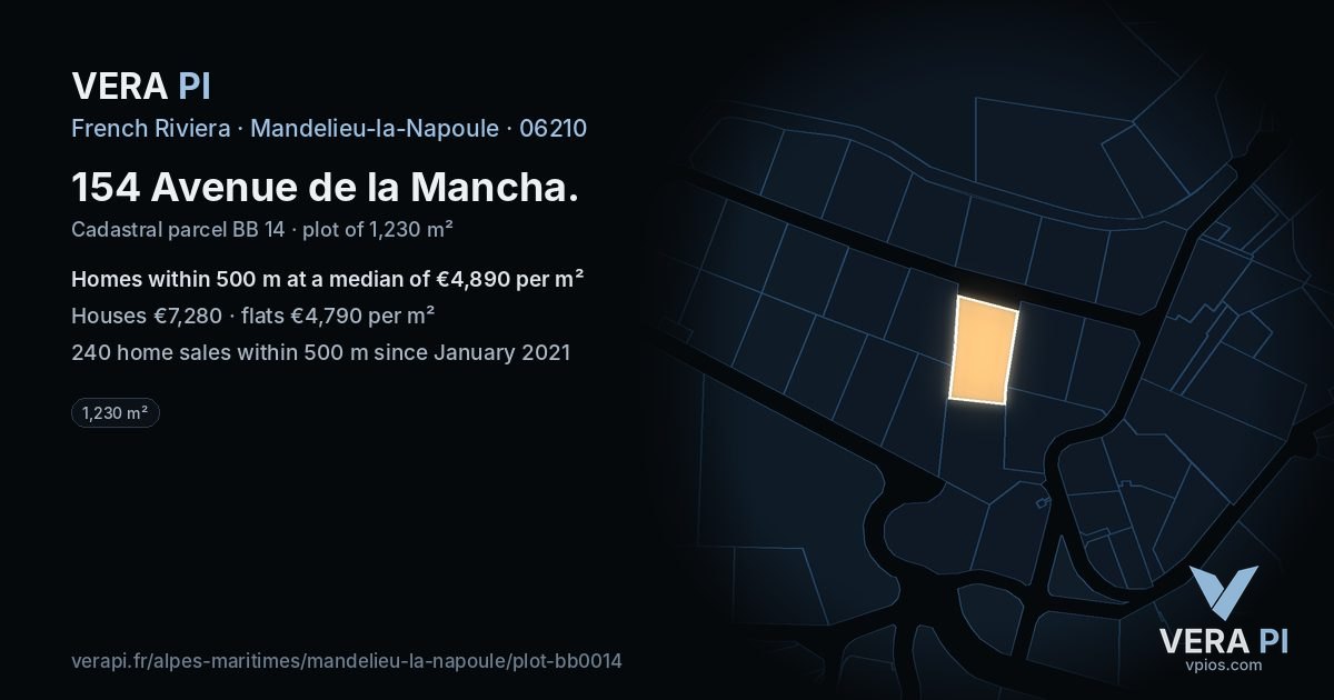 154 Avenue de la Mancha, Mandelieu-la-Napoule at night – the plot lit, the parcels around coloured by the prices near them