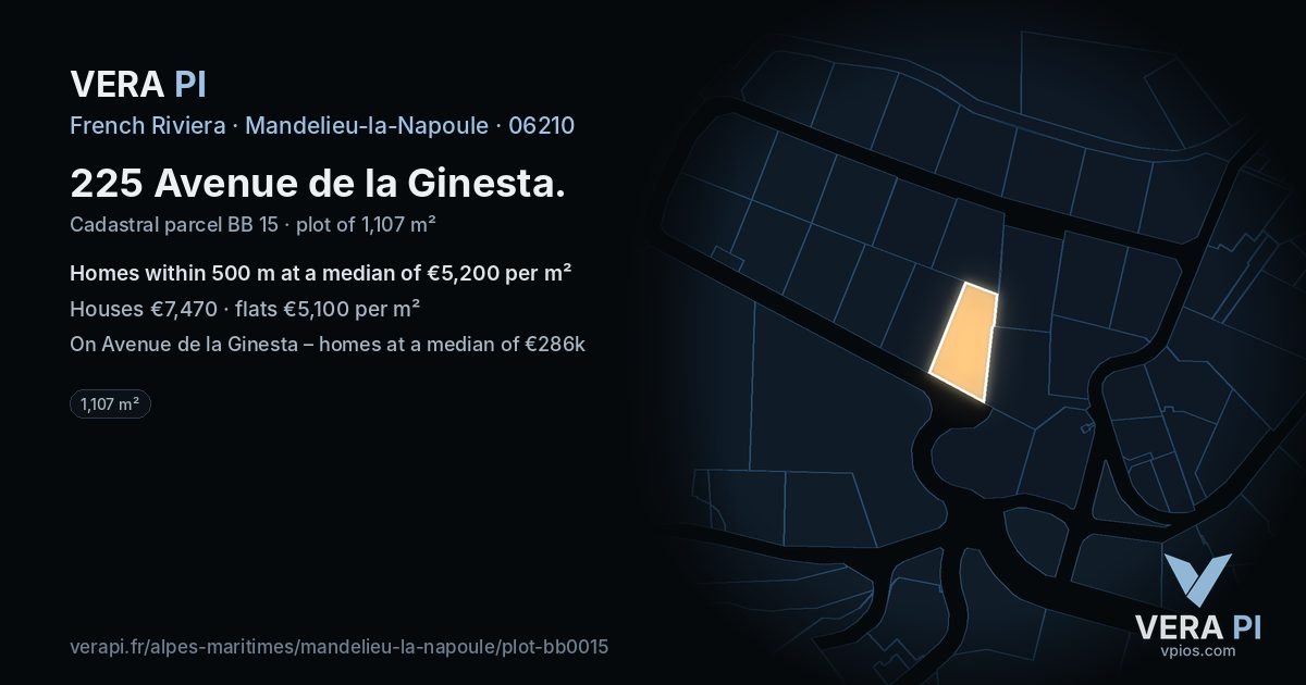 225 Avenue de la Ginesta, Mandelieu-la-Napoule at night – the plot lit, the parcels around coloured by the prices near them