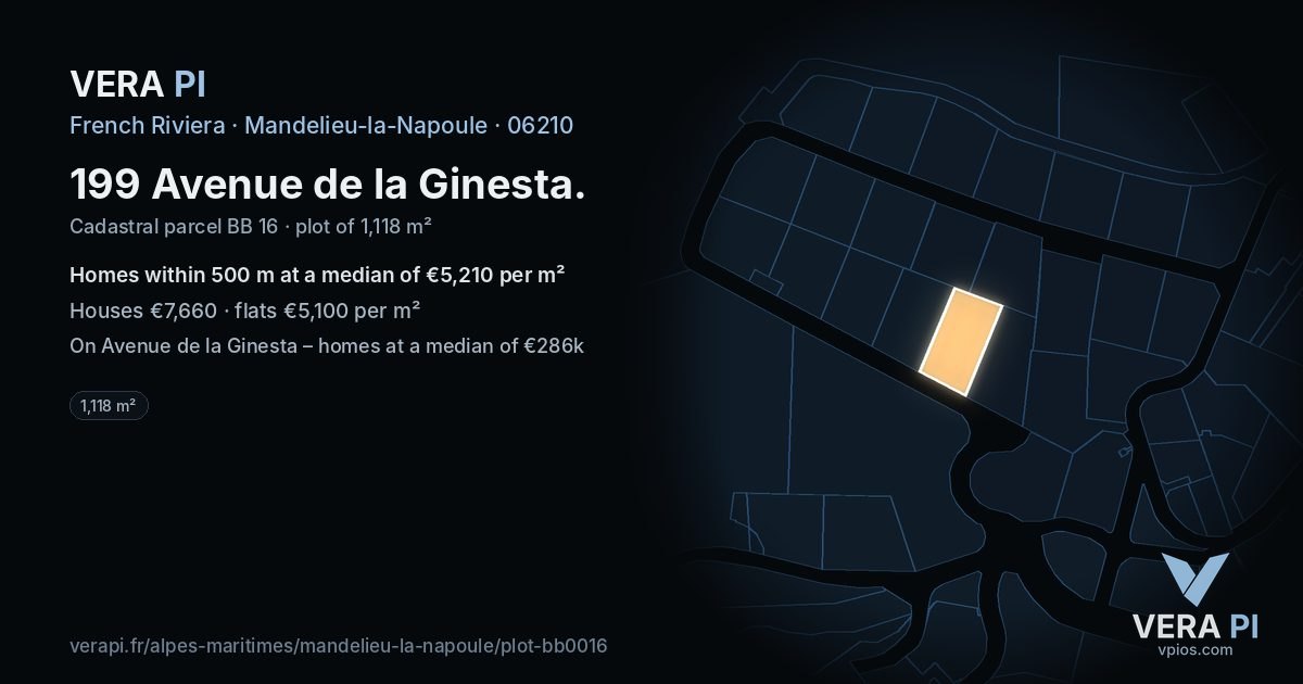 199 Avenue de la Ginesta, Mandelieu-la-Napoule at night – the plot lit, the parcels around coloured by the prices near them