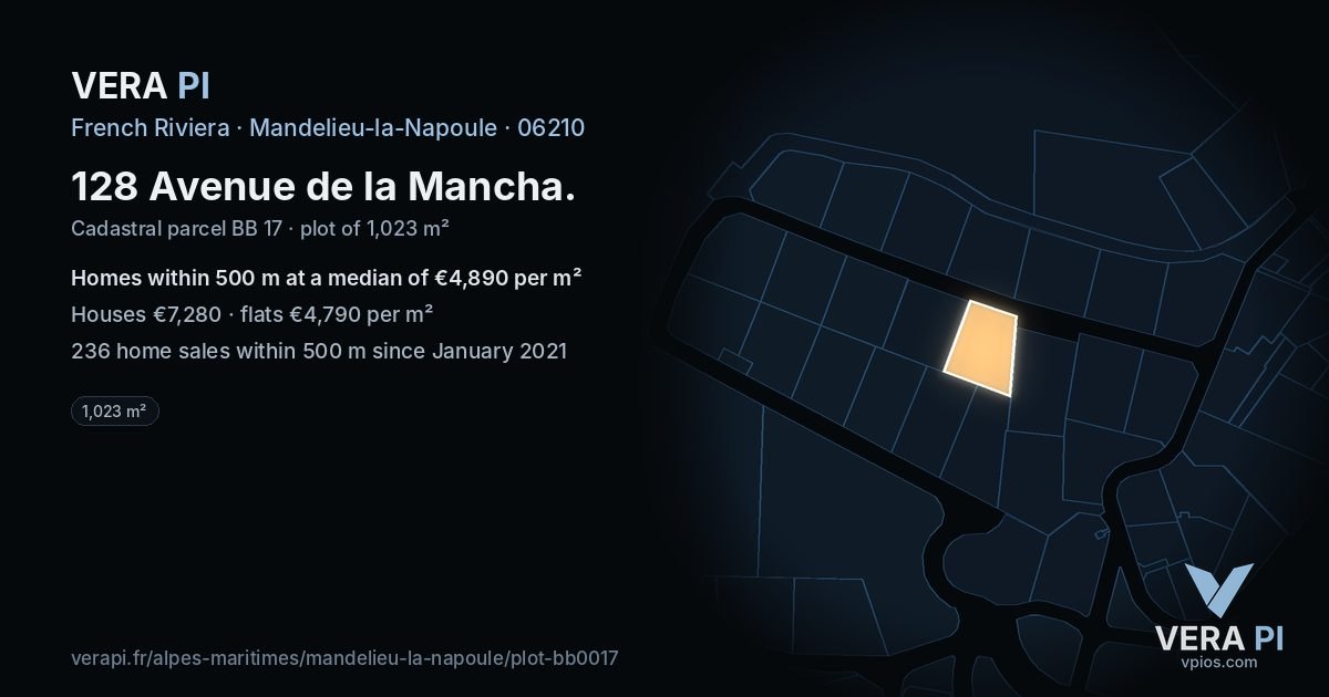 128 Avenue de la Mancha, Mandelieu-la-Napoule at night – the plot lit, the parcels around coloured by the prices near them
