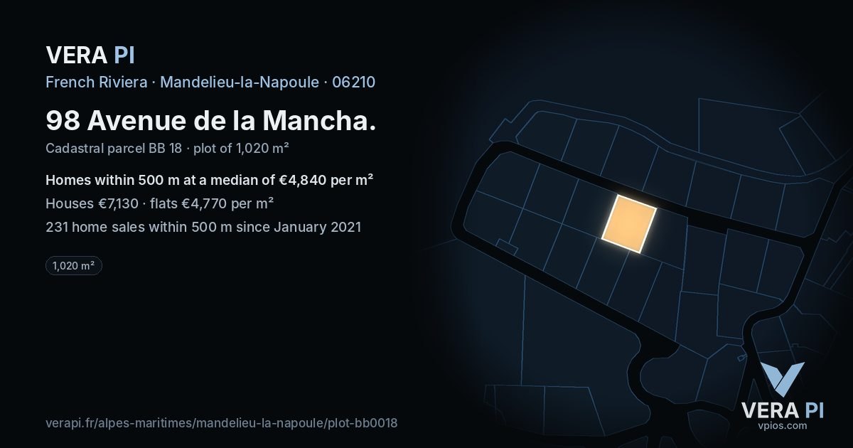 98 Avenue de la Mancha, Mandelieu-la-Napoule at night – the plot lit, the parcels around coloured by the prices near them