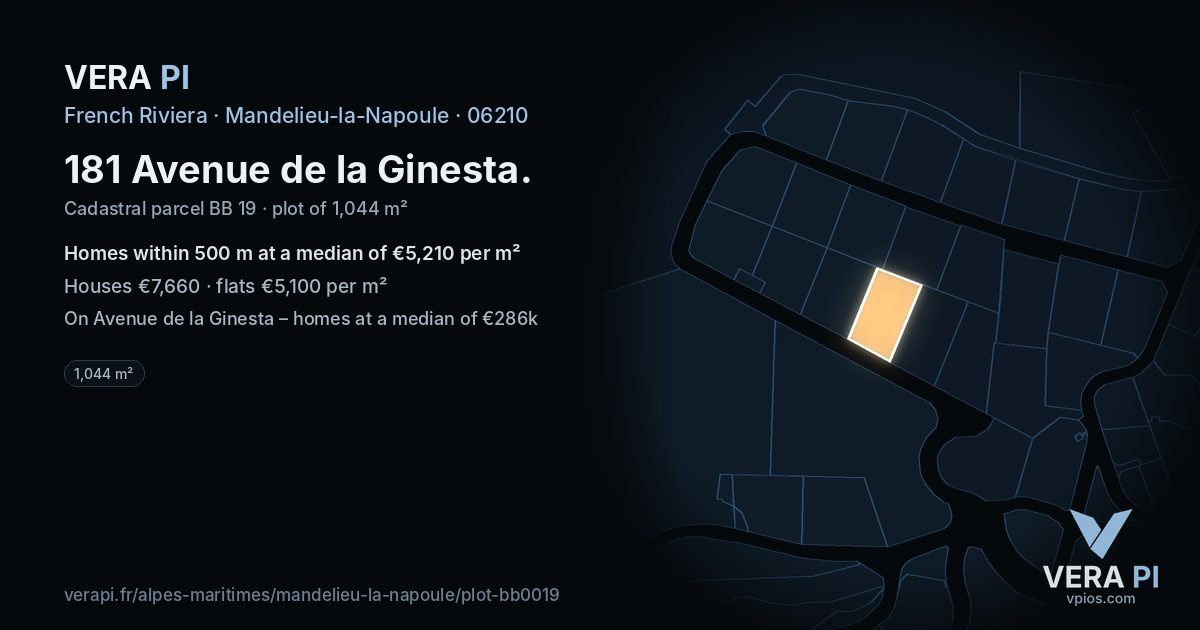 181 Avenue de la Ginesta, Mandelieu-la-Napoule at night – the plot lit, the parcels around coloured by the prices near them