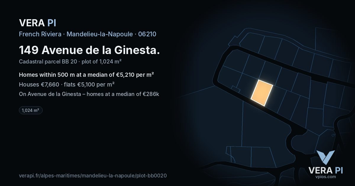 149 Avenue de la Ginesta, Mandelieu-la-Napoule at night – the plot lit, the parcels around coloured by the prices near them