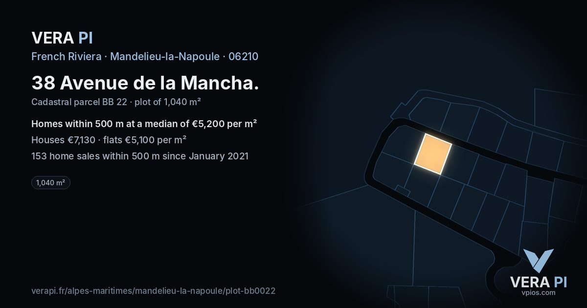 38 Avenue de la Mancha, Mandelieu-la-Napoule at night – the plot lit, the parcels around coloured by the prices near them