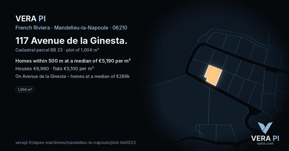 117 Avenue de la Ginesta, Mandelieu-la-Napoule at night – the plot lit, the parcels around coloured by the prices near them