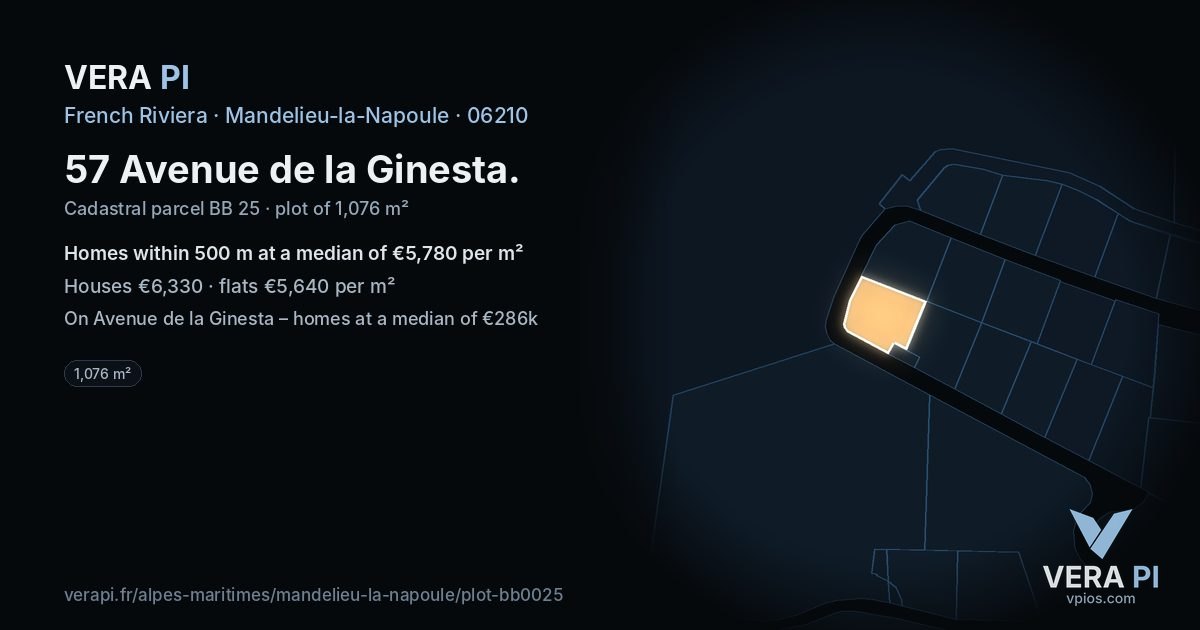 57 Avenue de la Ginesta, Mandelieu-la-Napoule at night – the plot lit, the parcels around coloured by the prices near them