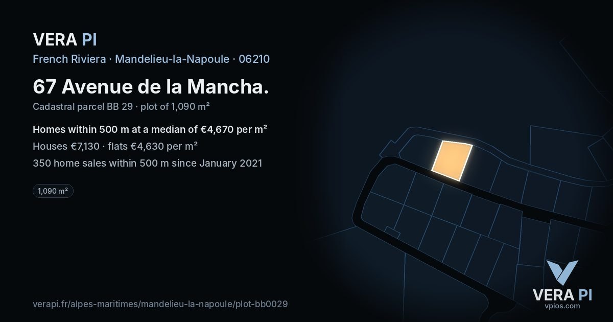 67 Avenue de la Mancha, Mandelieu-la-Napoule at night – the plot lit, the parcels around coloured by the prices near them