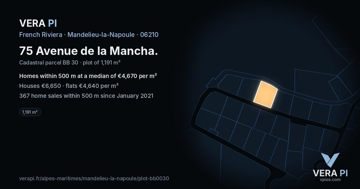 75 Avenue de la Mancha, Mandelieu-la-Napoule at night – the plot lit, the parcels around coloured by the prices near them