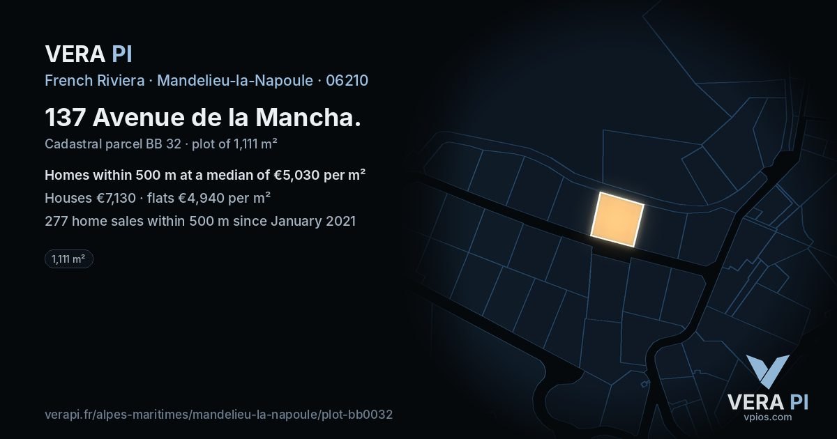 137 Avenue de la Mancha, Mandelieu-la-Napoule at night – the plot lit, the parcels around coloured by the prices near them