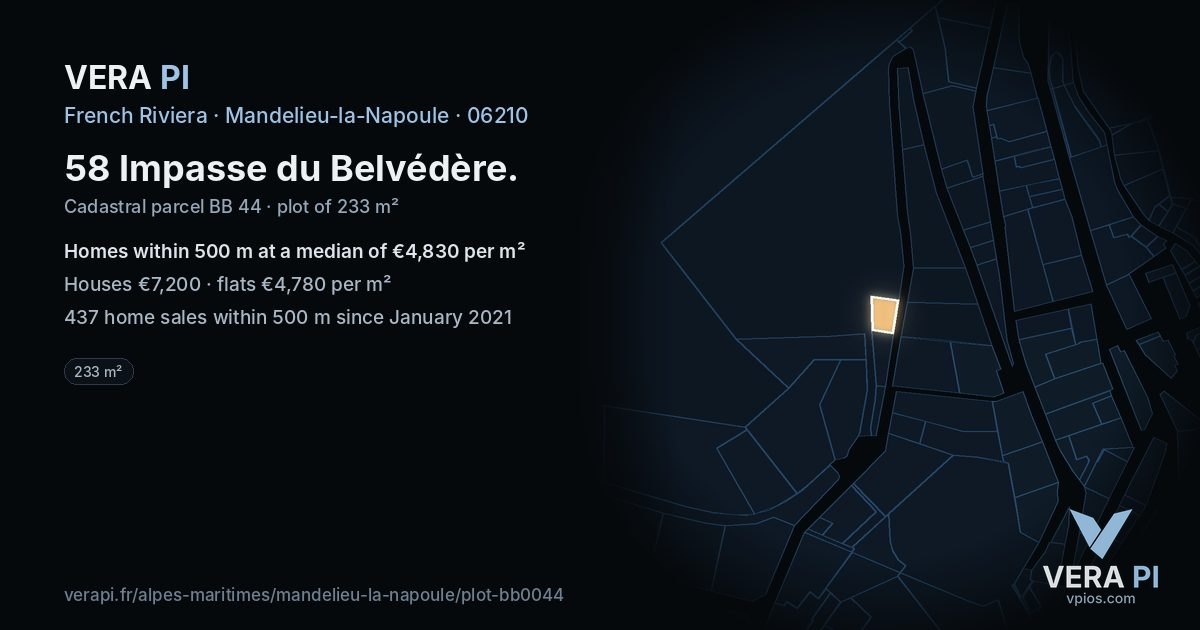 58 Impasse du Belvédère, Mandelieu-la-Napoule at night – the plot lit, the parcels around coloured by the prices near them