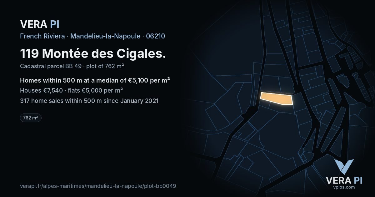 119 Montée des Cigales, Mandelieu-la-Napoule at night – the plot lit, the parcels around coloured by the prices near them