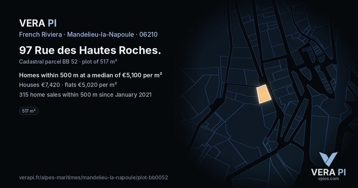 97 Rue des Hautes Roches, Mandelieu-la-Napoule at night – the plot lit, the parcels around coloured by the prices near them