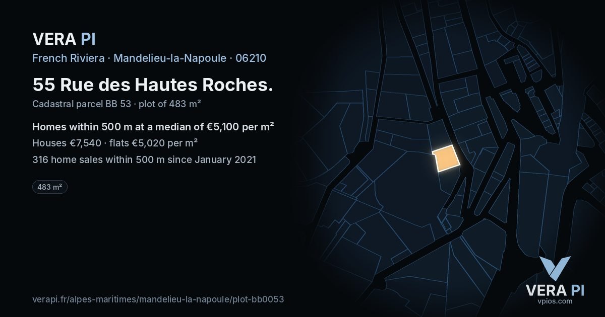 55 Rue des Hautes Roches, Mandelieu-la-Napoule at night – the plot lit, the parcels around coloured by the prices near them