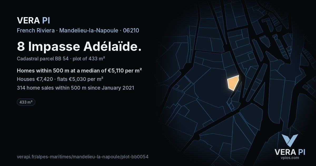 8 Impasse Adélaïde, Mandelieu-la-Napoule at night – the plot lit, the parcels around coloured by the prices near them