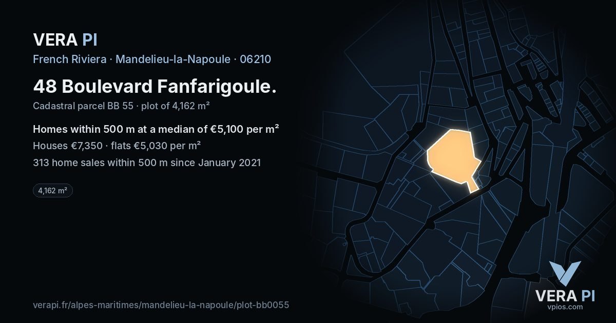 48 Boulevard Fanfarigoule, Mandelieu-la-Napoule at night – the plot lit, the parcels around coloured by the prices near them