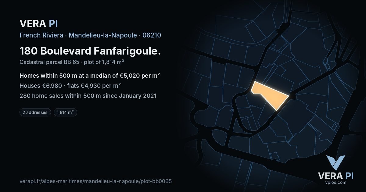 180 Boulevard Fanfarigoule, Mandelieu-la-Napoule at night – the plot lit, the parcels around coloured by the prices near them