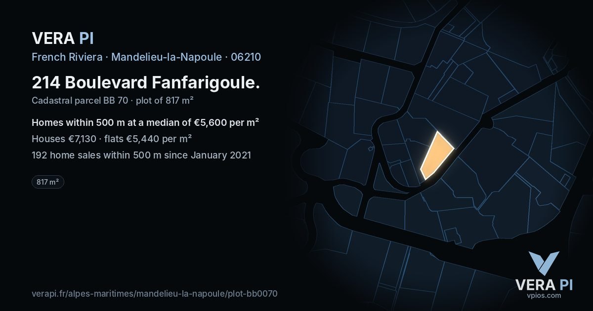 214 Boulevard Fanfarigoule, Mandelieu-la-Napoule at night – the plot lit, the parcels around coloured by the prices near them