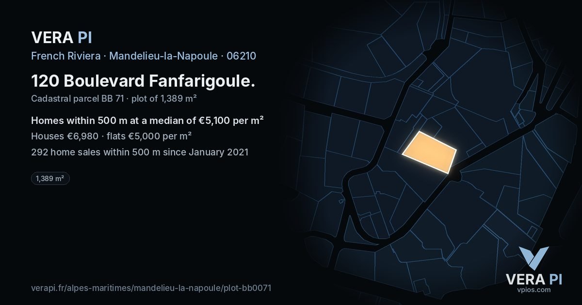 120 Boulevard Fanfarigoule, Mandelieu-la-Napoule at night – the plot lit, the parcels around coloured by the prices near them