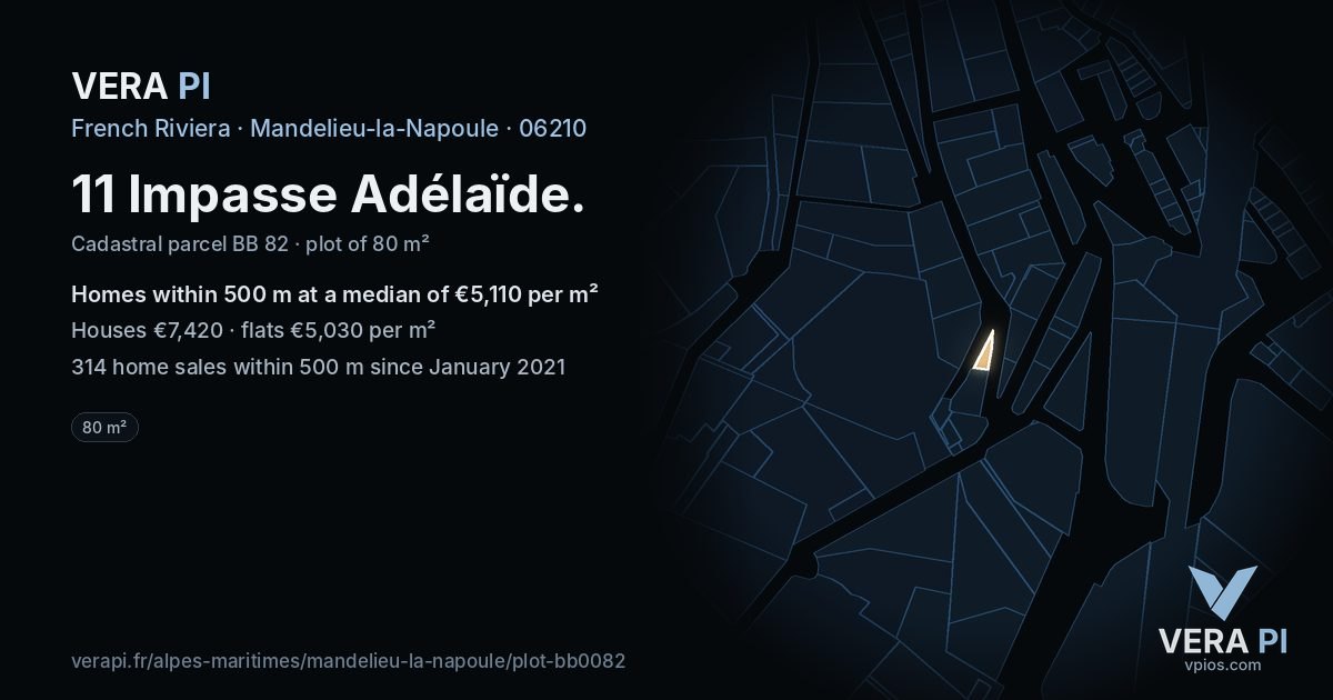 11 Impasse Adélaïde, Mandelieu-la-Napoule at night – the plot lit, the parcels around coloured by the prices near them