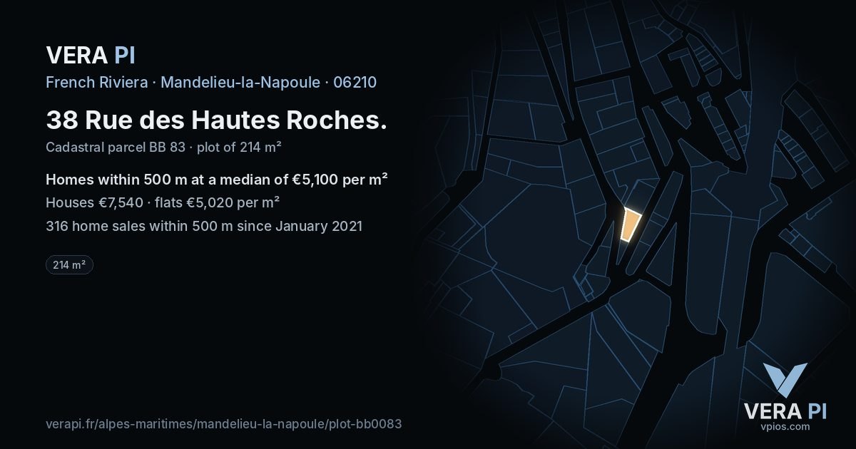 38 Rue des Hautes Roches, Mandelieu-la-Napoule at night – the plot lit, the parcels around coloured by the prices near them