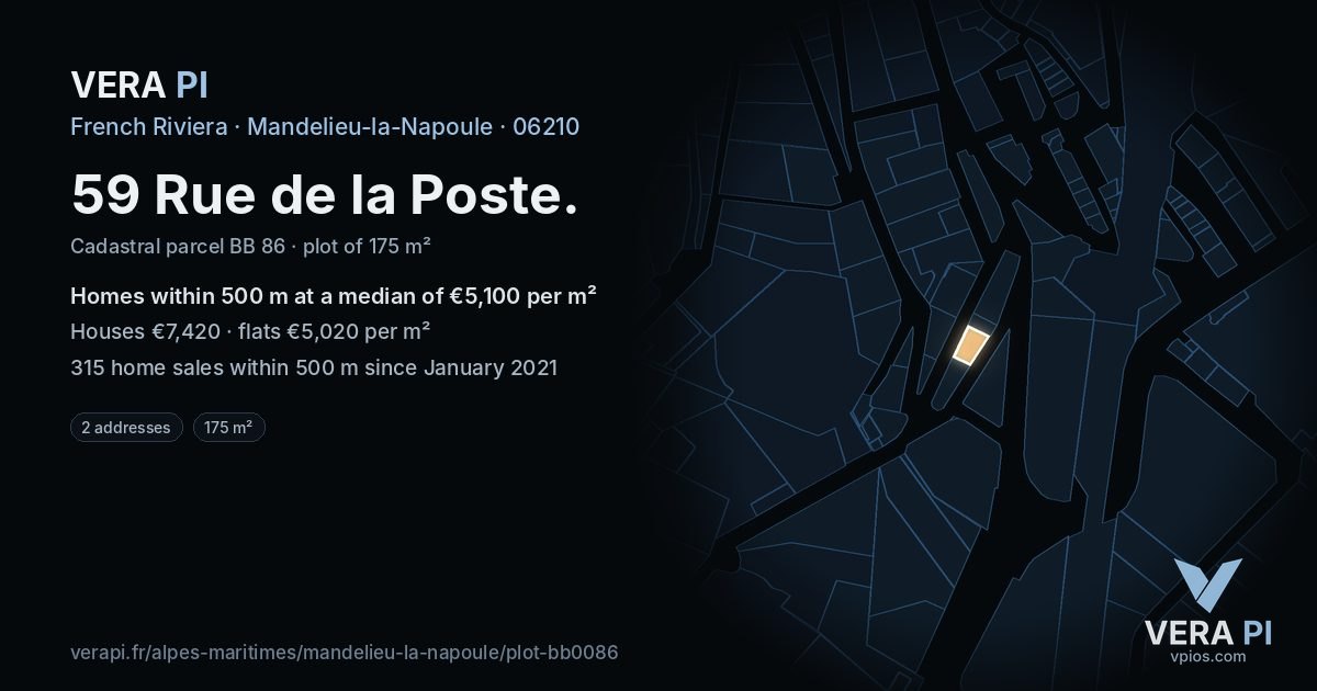 59 Rue de la Poste, Mandelieu-la-Napoule at night – the plot lit, the parcels around coloured by the prices near them