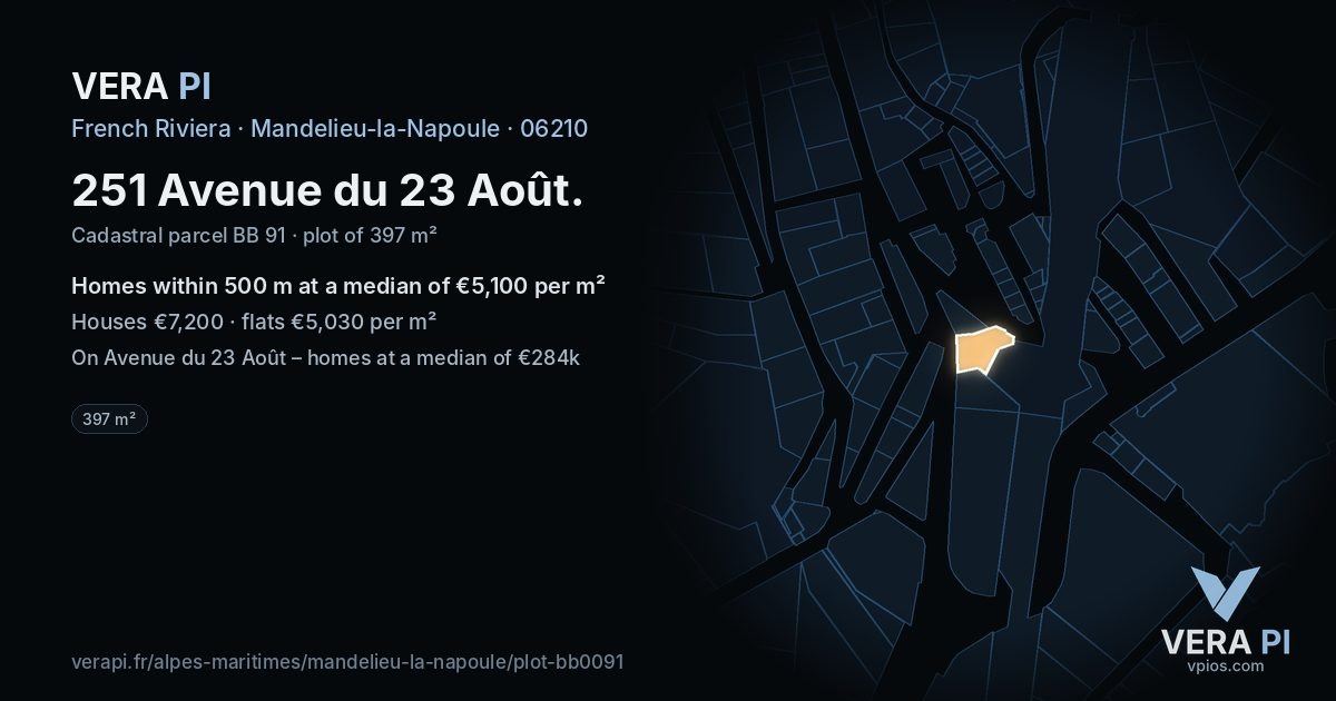 251 Avenue du 23 Août, Mandelieu-la-Napoule at night – the plot lit, the parcels around coloured by the prices near them