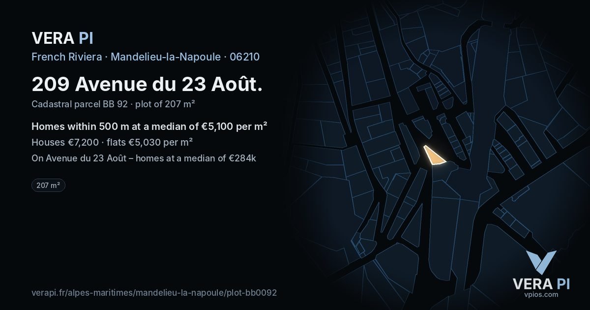 209 Avenue du 23 Août, Mandelieu-la-Napoule at night – the plot lit, the parcels around coloured by the prices near them