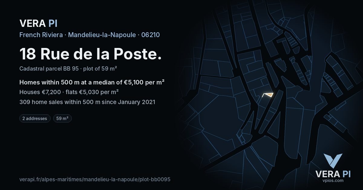 18 Rue de la Poste, Mandelieu-la-Napoule at night – the plot lit, the parcels around coloured by the prices near them