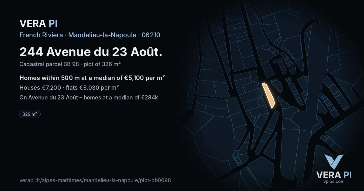 244 Avenue du 23 Août, Mandelieu-la-Napoule at night – the plot lit, the parcels around coloured by the prices near them