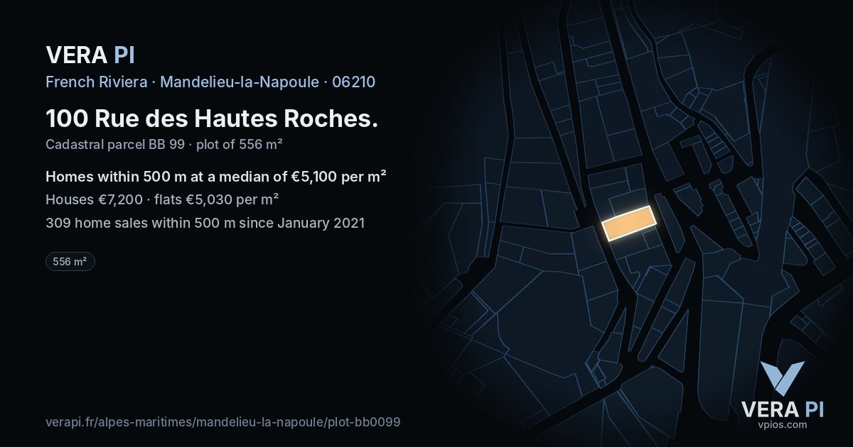 100 Rue des Hautes Roches, Mandelieu-la-Napoule at night – the plot lit, the parcels around coloured by the prices near them