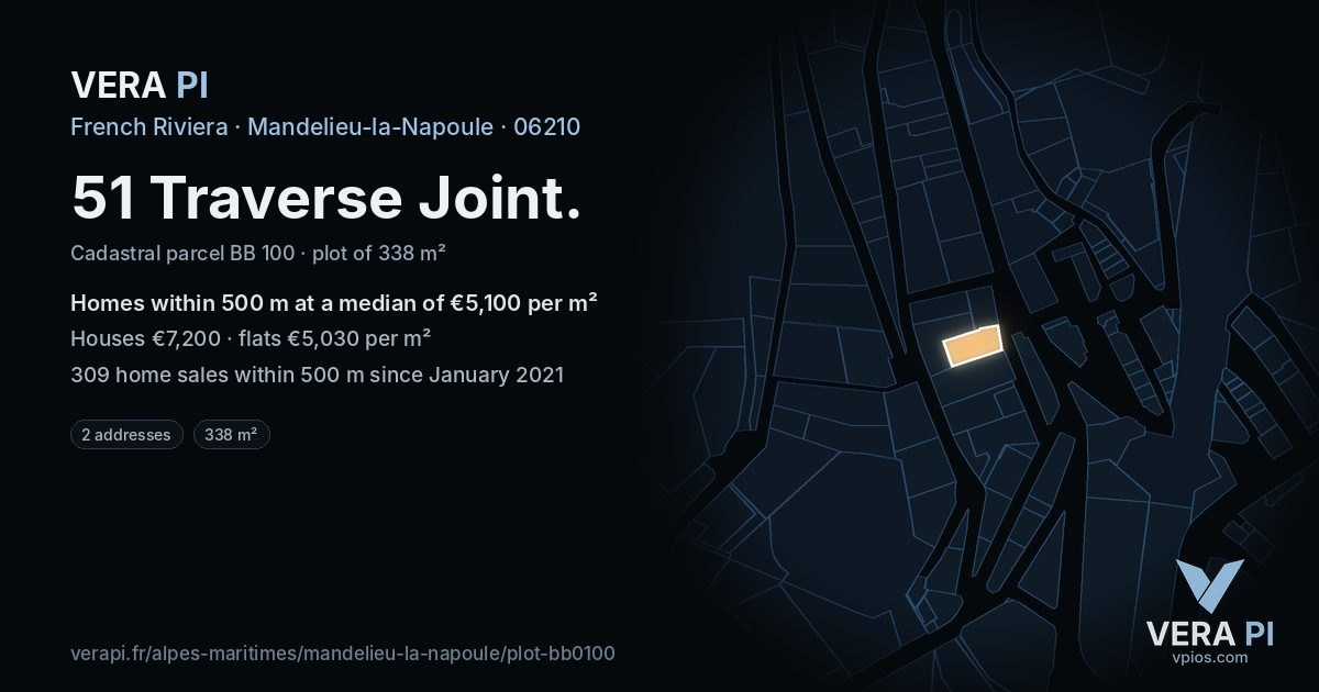 51 Traverse Joint, Mandelieu-la-Napoule at night – the plot lit, the parcels around coloured by the prices near them