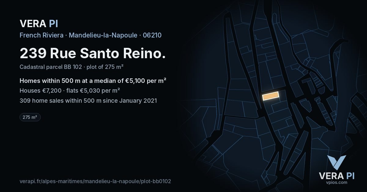 239 Rue Santo Reino, Mandelieu-la-Napoule at night – the plot lit, the parcels around coloured by the prices near them
