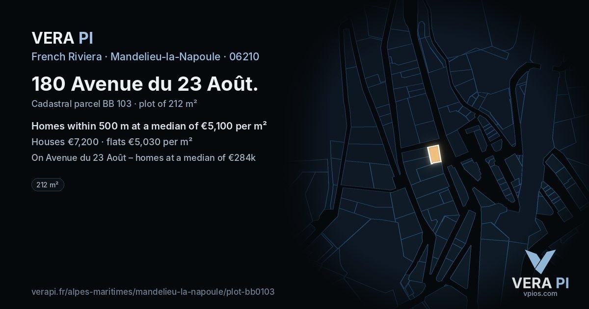 180 Avenue du 23 Août, Mandelieu-la-Napoule at night – the plot lit, the parcels around coloured by the prices near them