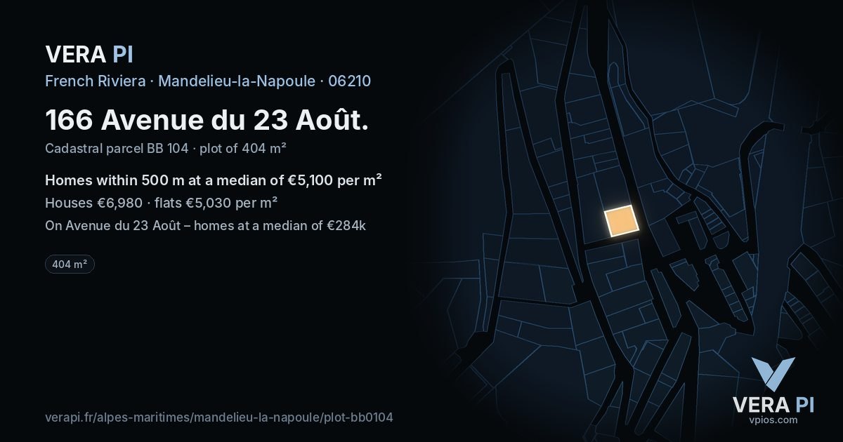 166 Avenue du 23 Août, Mandelieu-la-Napoule at night – the plot lit, the parcels around coloured by the prices near them