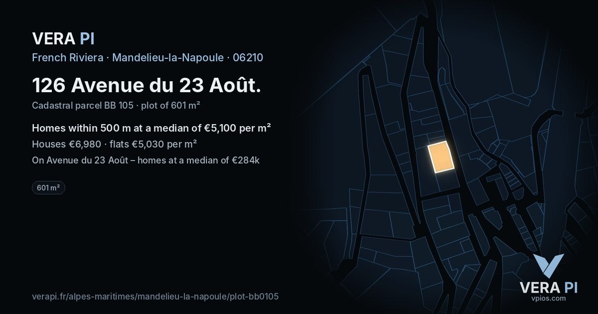 126 Avenue du 23 Août, Mandelieu-la-Napoule at night – the plot lit, the parcels around coloured by the prices near them