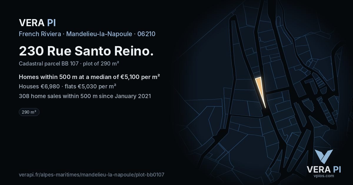 230 Rue Santo Reino, Mandelieu-la-Napoule at night – the plot lit, the parcels around coloured by the prices near them