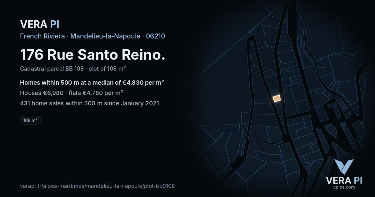 176 Rue Santo Reino, Mandelieu-la-Napoule at night – the plot lit, the parcels around coloured by the prices near them