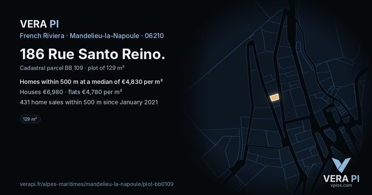 186 Rue Santo Reino, Mandelieu-la-Napoule at night – the plot lit, the parcels around coloured by the prices near them