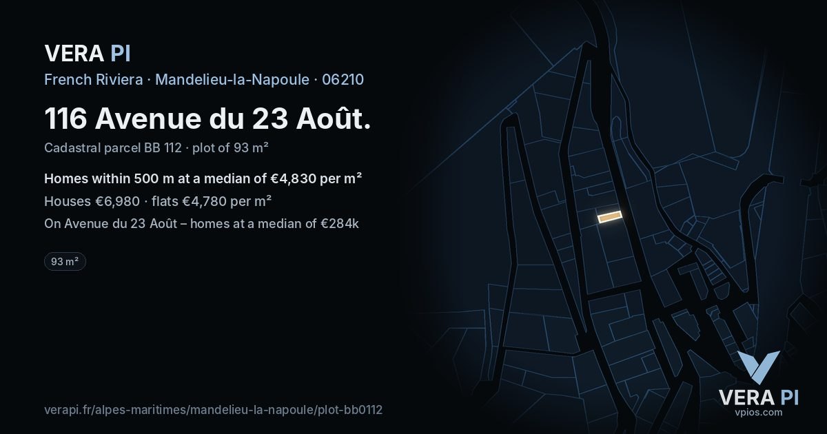 116 Avenue du 23 Août, Mandelieu-la-Napoule at night – the plot lit, the parcels around coloured by the prices near them