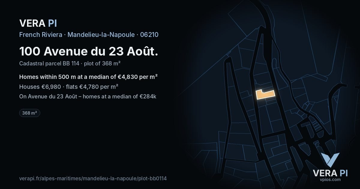 100 Avenue du 23 Août, Mandelieu-la-Napoule at night – the plot lit, the parcels around coloured by the prices near them
