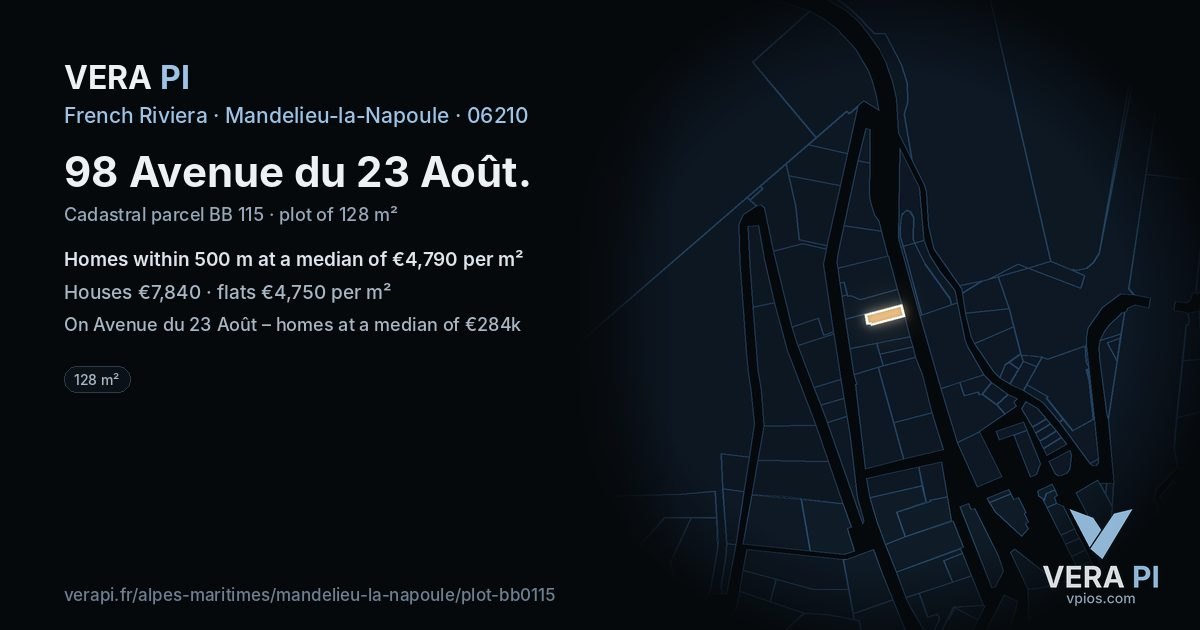 98 Avenue du 23 Août, Mandelieu-la-Napoule at night – the plot lit, the parcels around coloured by the prices near them