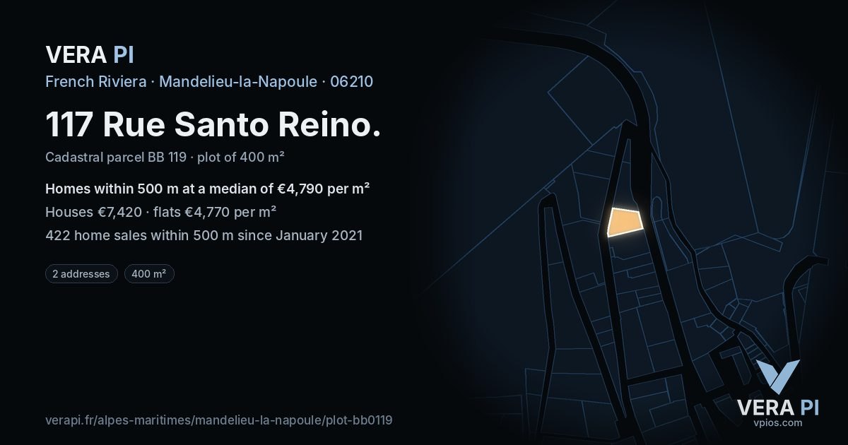 117 Rue Santo Reino, Mandelieu-la-Napoule at night – the plot lit, the parcels around coloured by the prices near them