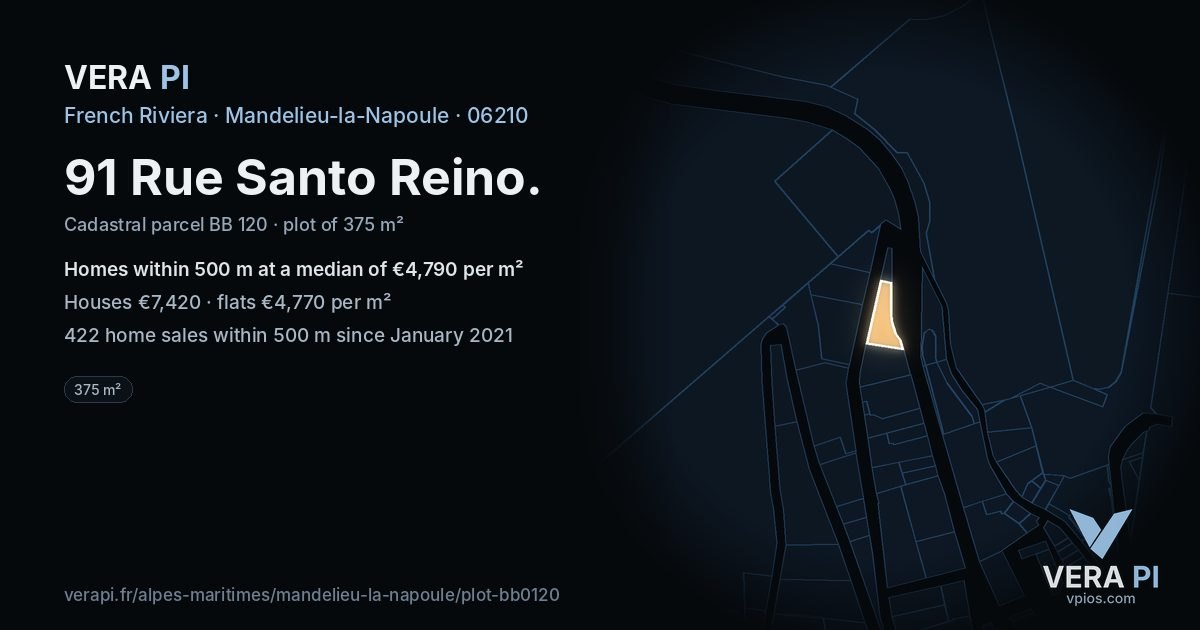 91 Rue Santo Reino, Mandelieu-la-Napoule at night – the plot lit, the parcels around coloured by the prices near them