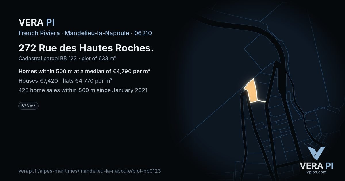 272 Rue des Hautes Roches, Mandelieu-la-Napoule at night – the plot lit, the parcels around coloured by the prices near them