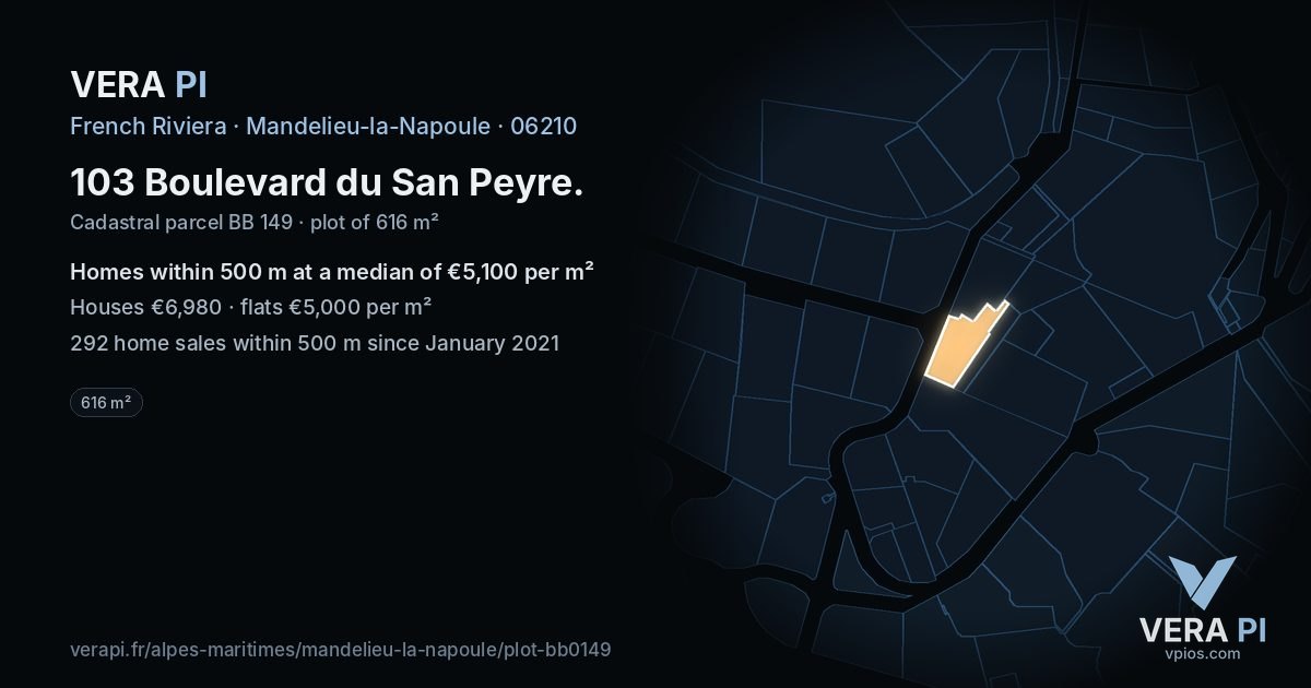 103 Boulevard du San Peyre, Mandelieu-la-Napoule at night – the plot lit, the parcels around coloured by the prices near them