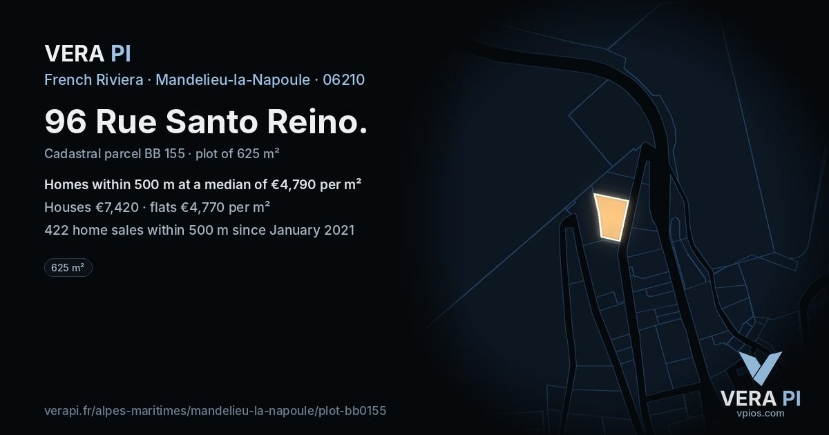 96 Rue Santo Reino, Mandelieu-la-Napoule at night – the plot lit, the parcels around coloured by the prices near them