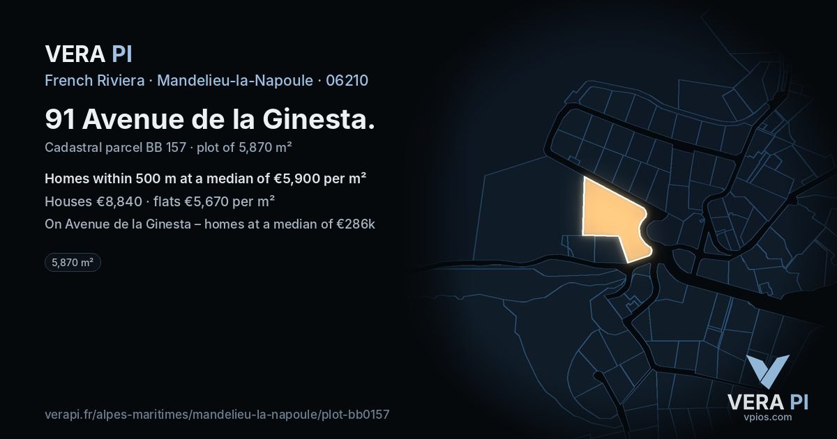 91 Avenue de la Ginesta, Mandelieu-la-Napoule at night – the plot lit, the parcels around coloured by the prices near them