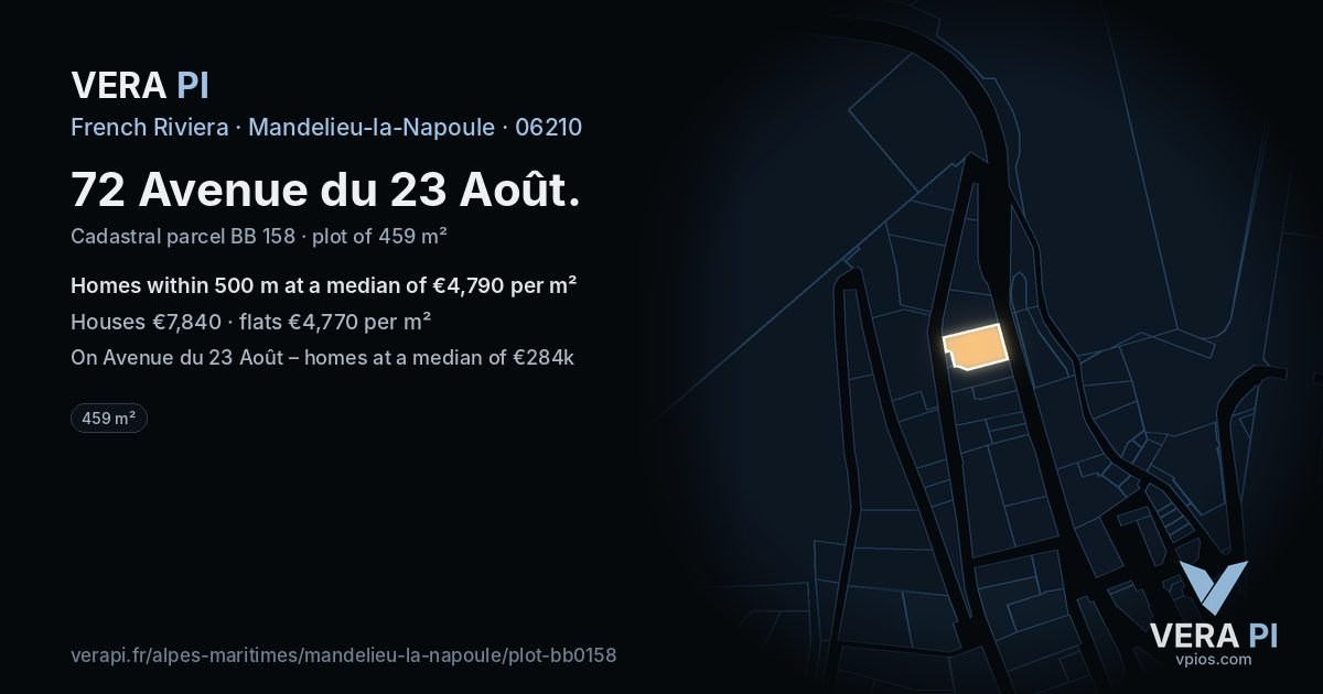 72 Avenue du 23 Août, Mandelieu-la-Napoule at night – the plot lit, the parcels around coloured by the prices near them